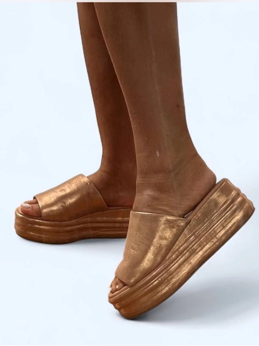 Metallic Copper Platform Slide Sandals - Women